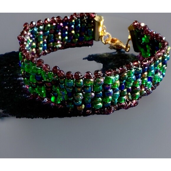 Artist Handmade Seed Bead Bracelet, Multicolor: Blues, Greens, Purples - Picture 2 of 6